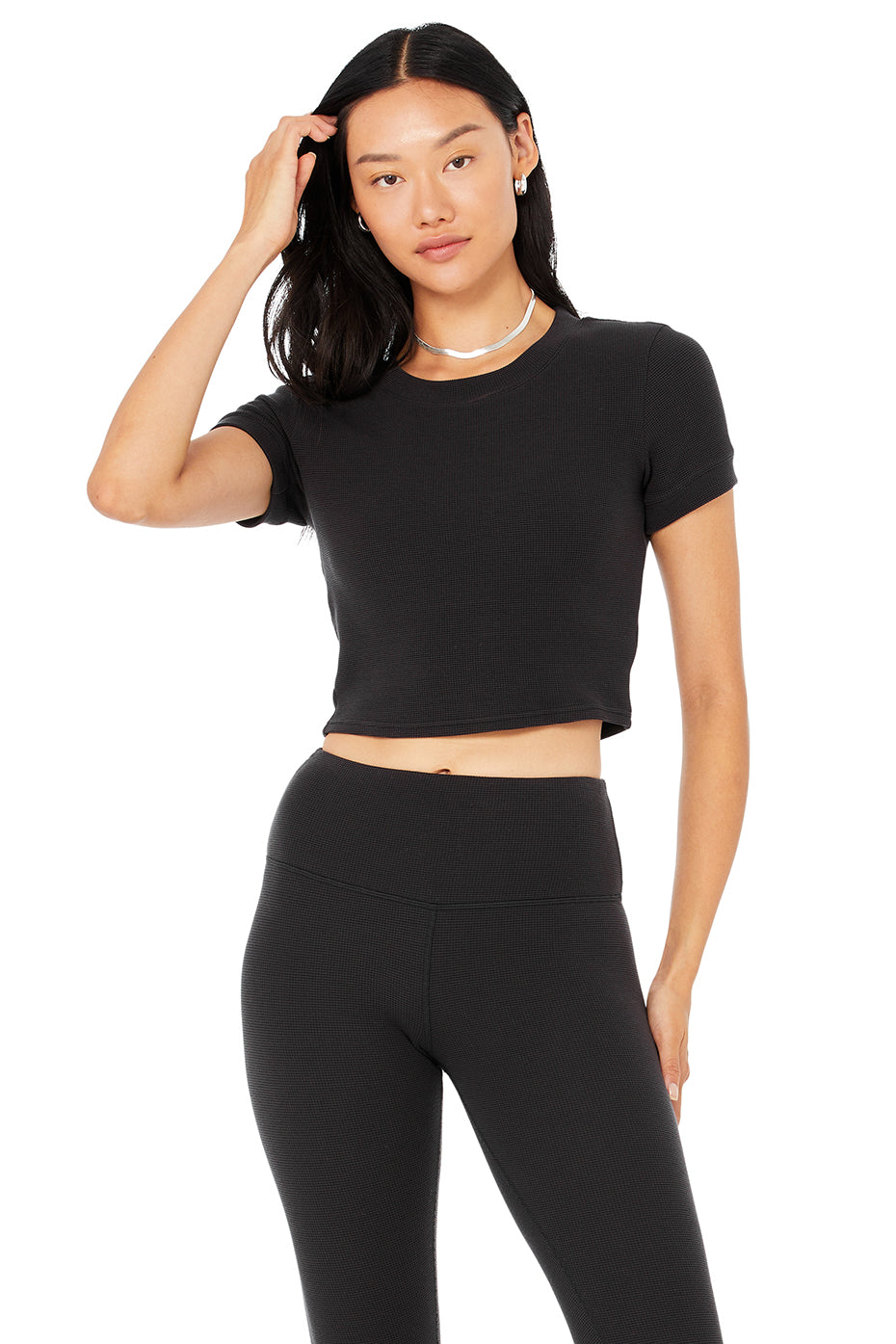 Athletic Top by Alo Yoga (Dreamer Short Sleeve Top) size small, black color