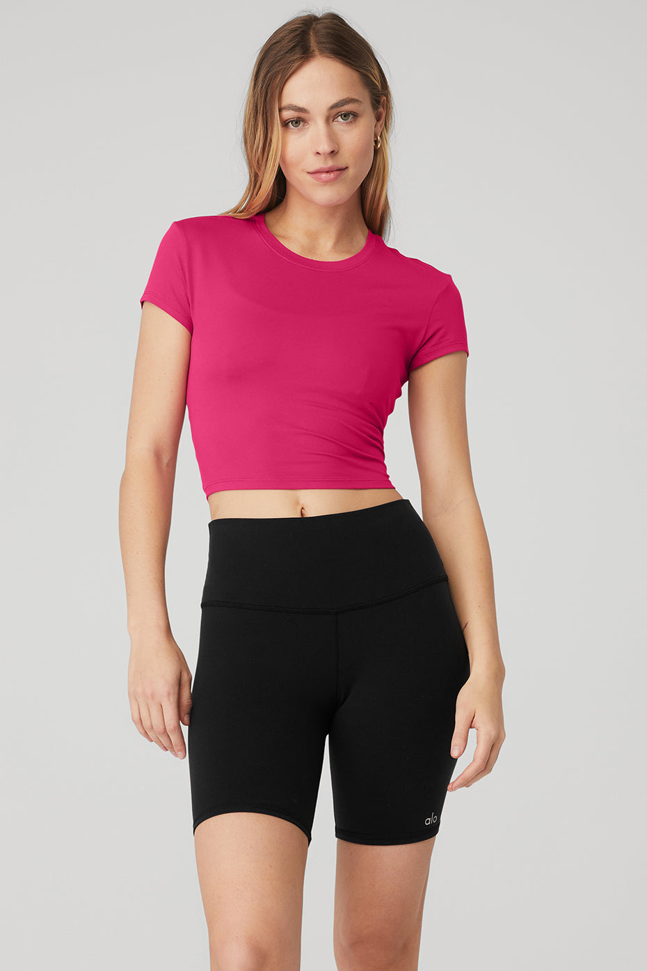 Alosoft Crop Finesse Short Sleeve Top in Magenta Crush by Alo Yoga