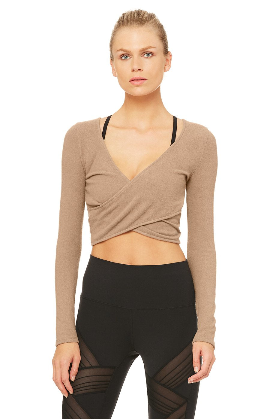 Amelia Luxe Long Sleeve Crop Top in Gravel by Alo Yoga
