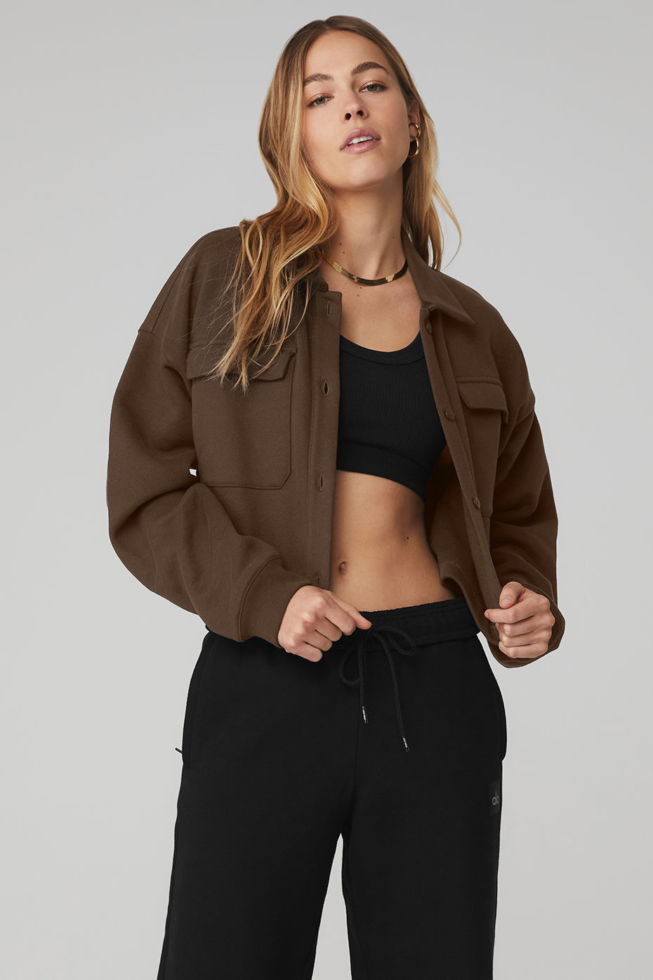 Renown Cropped Button-Up Pullover Top in Espresso by Alo Yoga