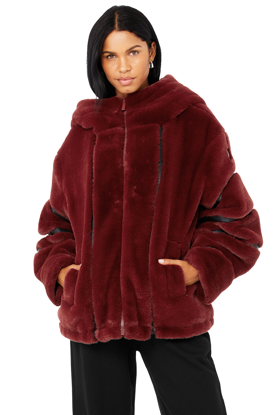 Alo Yoga Knock Out Hooded Faux Fur Hooded Jacket In Cranberry