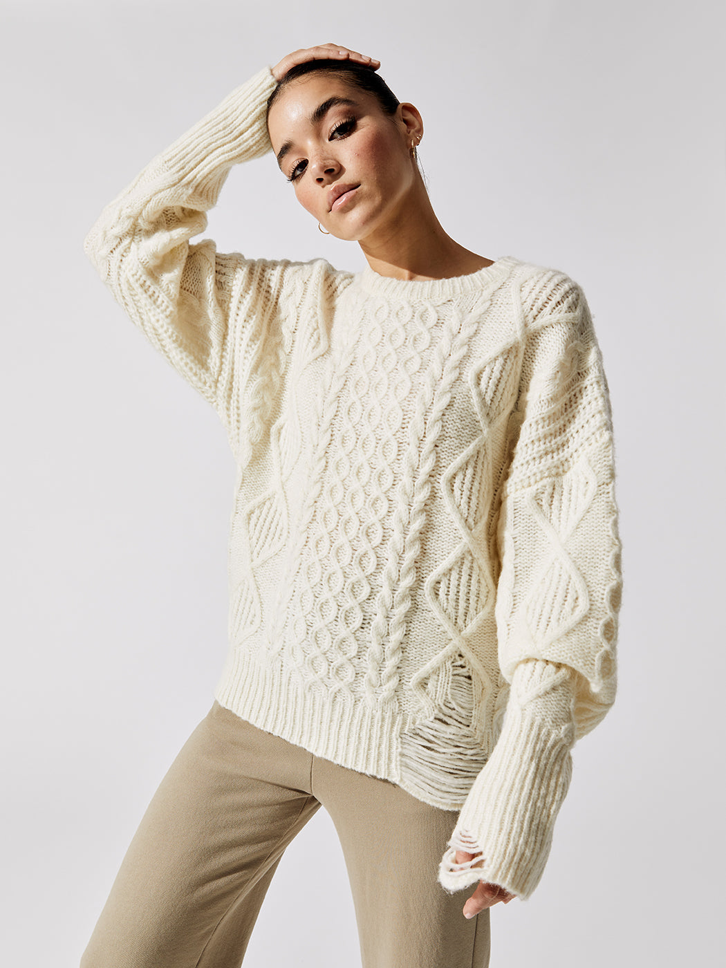 NSF Annabelle Cable Knit Oversized Crew Sweater - Ivory | Ballet for Women